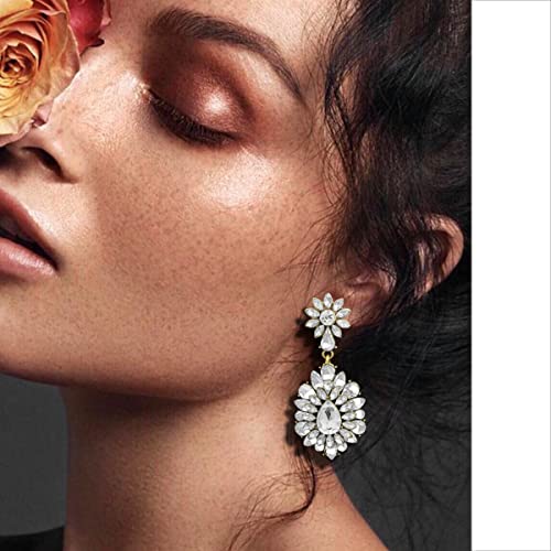 Mejialaa Women's Stunning Crystals Flower Rhinestone Marquise Teardrop Chandelier Cluster Statement Dangle Earring for Party Prom Wedding Clear Gold-Tone