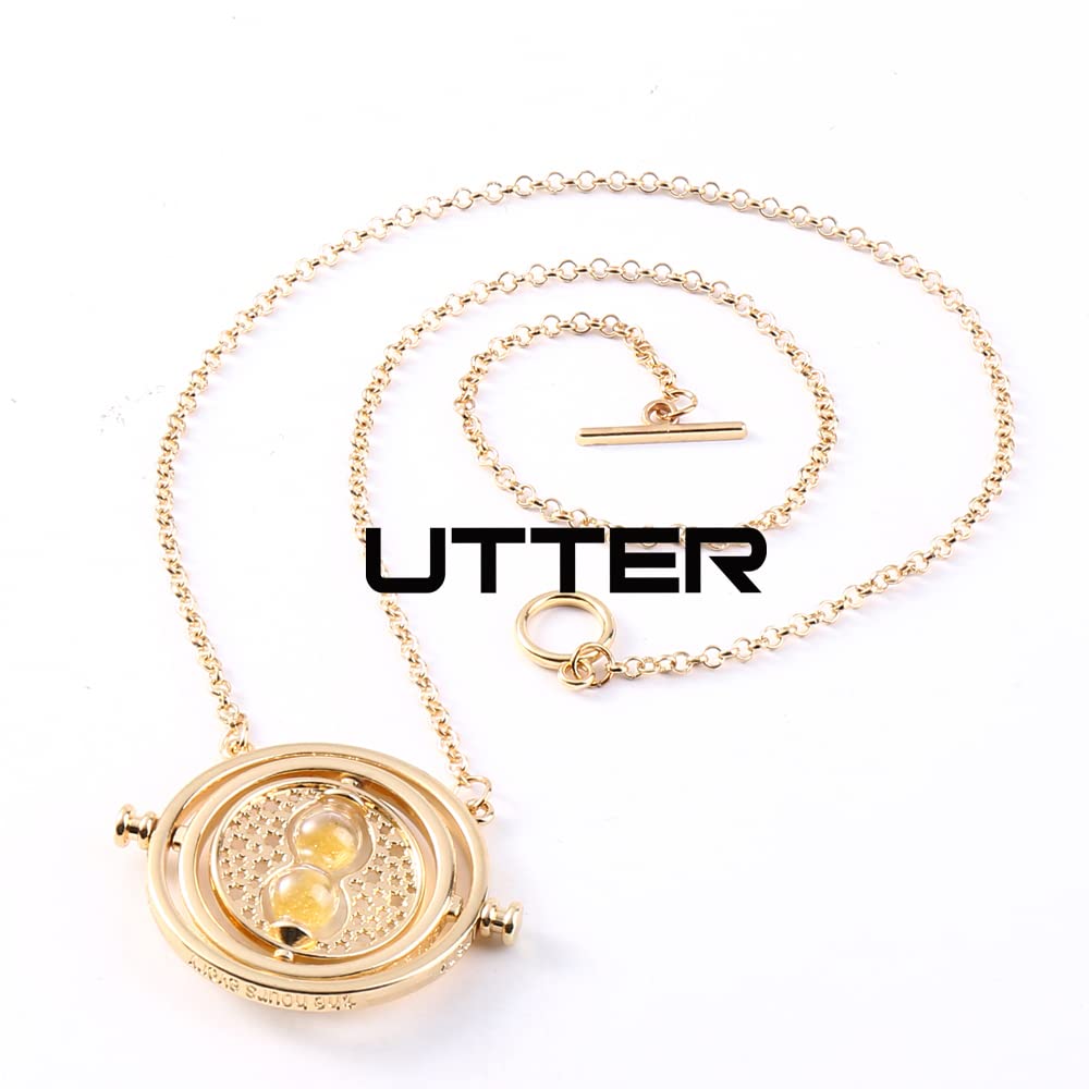 UTTER Hermione Rotating Time Turner Necklace Gold Wizardry Falcon Hourglass Pendant