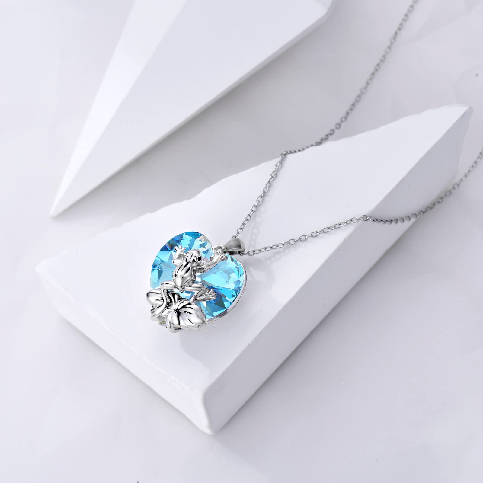 Plesitep Frog Necklace Sterling Silver Frog Pendant Necklace Jewelry present for Women Embellished with Heart Crystal from Austria March Birthstone