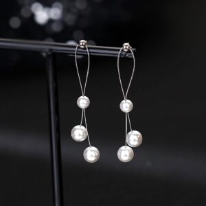 SLUYNZ Sterling Silver Pearls Dangle Earrings for Women Teen Girls Wedding Pearls Dangle Earrings Long Tassel (A-Silver)