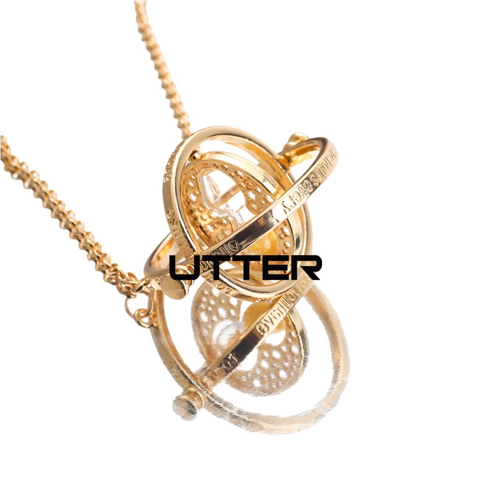 UTTER Hermione Rotating Time Turner Necklace Gold Wizardry Falcon Hourglass Pendant