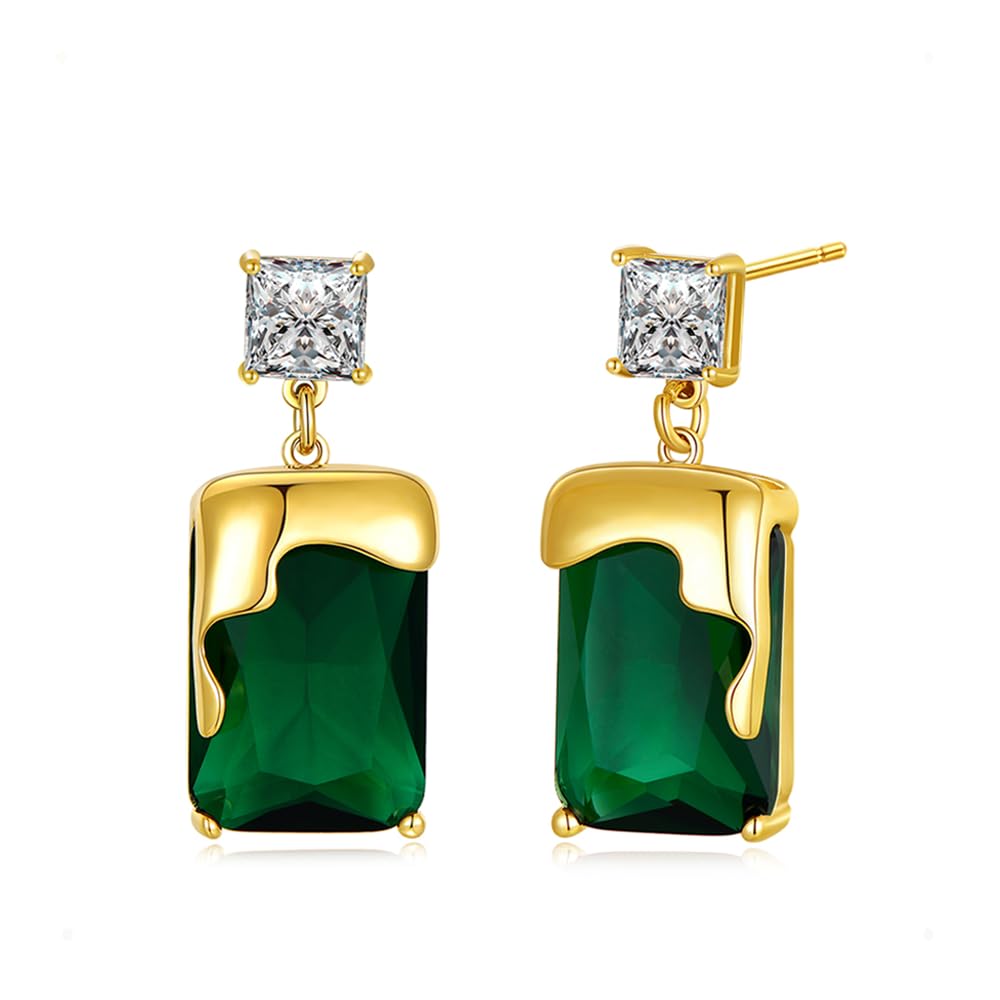 PHNIBIRD Emerald Earrings with Gold Melting Shape Elegant Solitaire Cubic Zirconia Earrings Green Earrings for Women Dangle