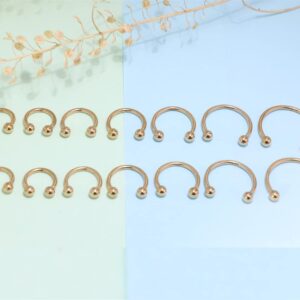 16G Horseshoe Septum Nose Nostril Ring Hoop, 7 Pairs Circular Curved Barbell Externally Threaded, 14K Gold Plated Surgical Steel Small Body Piercing Jewelry Set for Lip Daith Tragus Helix Cartilage Rook Multiple Piercing Smiley ( Ball, 6MM - 14MM)