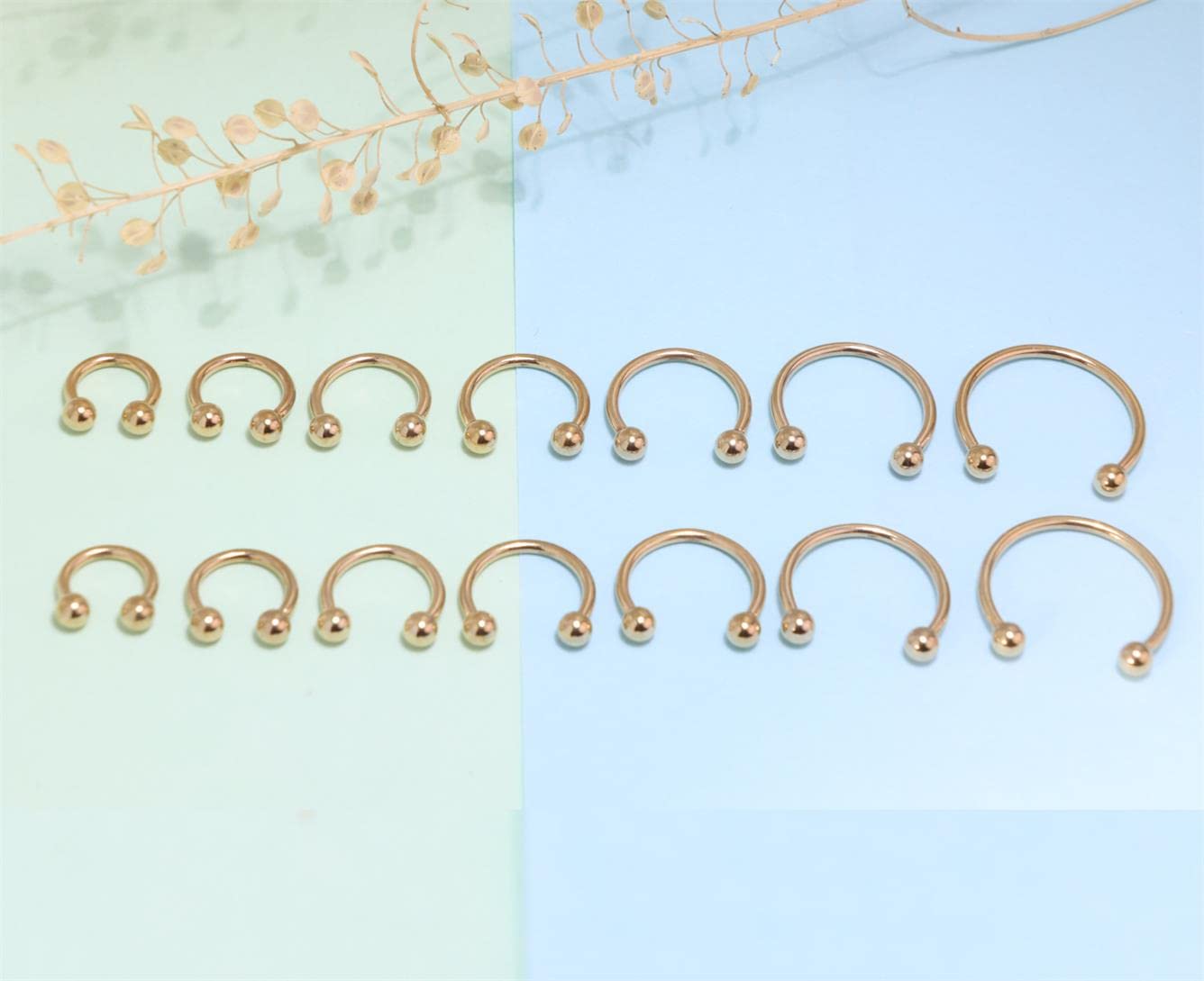 16G Horseshoe Septum Nose Nostril Ring Hoop, 7 Pairs Circular Curved Barbell Externally Threaded, 14K Gold Plated Surgical Steel Small Body Piercing Jewelry Set for Lip Daith Tragus Helix Cartilage Rook Multiple Piercing Smiley ( Ball, 6MM - 14MM)