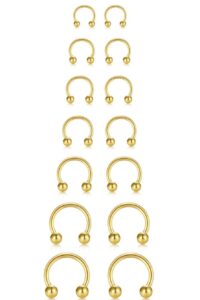 16g horseshoe septum nose nostril ring hoop, 7 pairs circular curved barbell externally threaded, 14k gold plated surgical steel small body piercing jewelry set for lip daith tragus helix cartilage rook multiple piercing smiley ( ball, 6mm - 14mm)