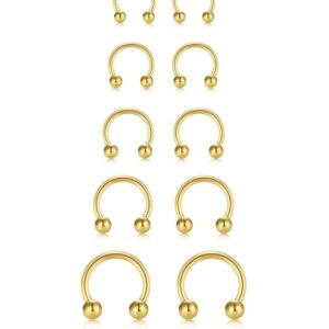 16G Horseshoe Septum Nose Nostril Ring Hoop, 7 Pairs Circular Curved Barbell Externally Threaded, 14K Gold Plated Surgical Steel Small Body Piercing Jewelry Set for Lip Daith Tragus Helix Cartilage Rook Multiple Piercing Smiley ( Ball, 6MM - 14MM)