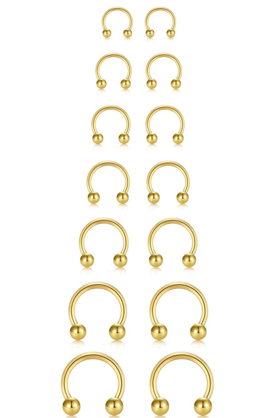 16G Horseshoe Septum Nose Nostril Ring Hoop, 7 Pairs Circular Curved Barbell Externally Threaded, 14K Gold Plated Surgical Steel Small Body Piercing Jewelry Set for Lip Daith Tragus Helix Cartilage Rook Multiple Piercing Smiley ( Ball, 6MM - 14MM)