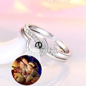 Certykllp Personalized Moon Photo Projection Ring for Women Custom Sterling Silver Moon Ring Picture Jewelry Projection Finger Adjustable I Love You 100 Language Ring for Girlfriend Wife