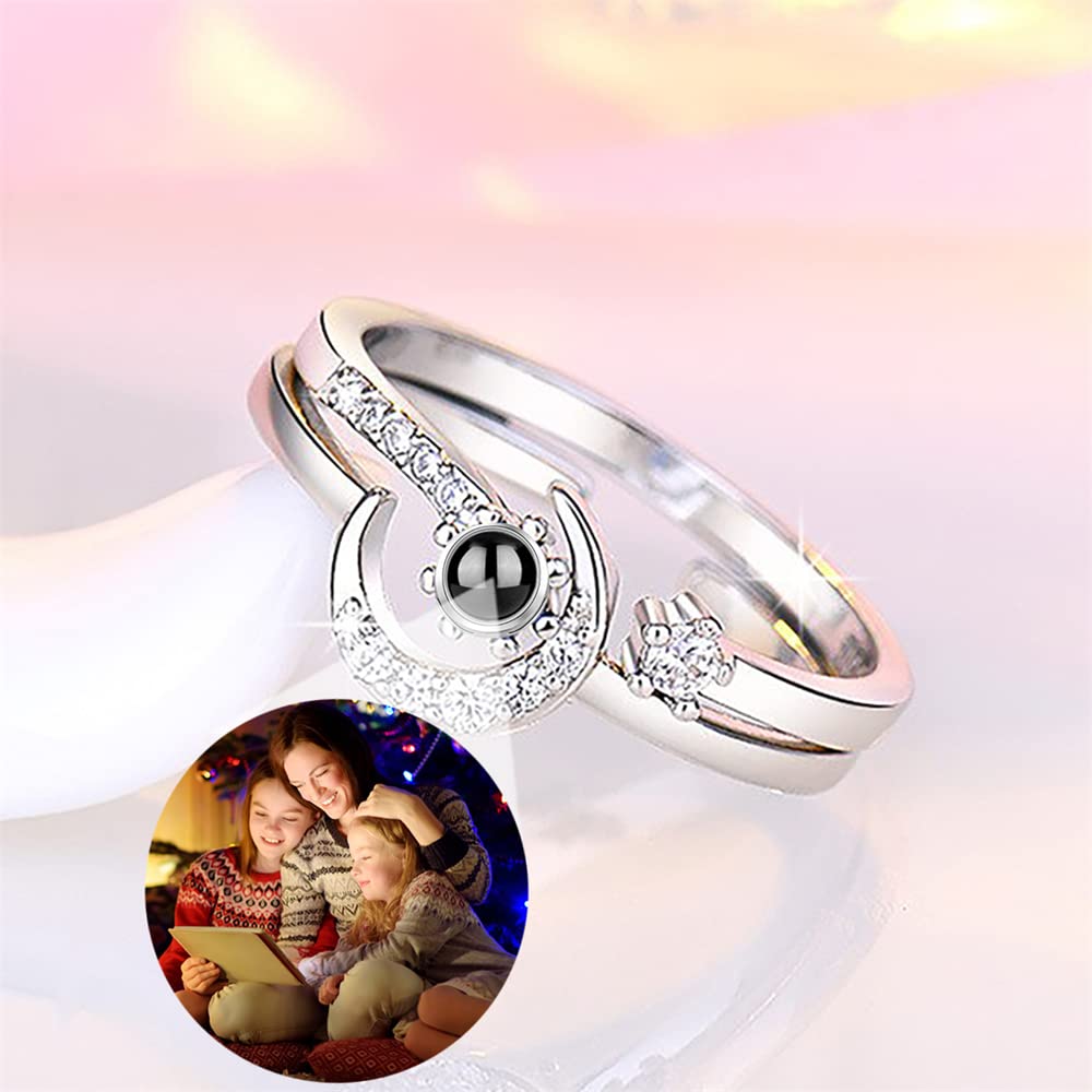 Certykllp Personalized Moon Photo Projection Ring for Women Custom Sterling Silver Moon Ring Picture Jewelry Projection Finger Adjustable I Love You 100 Language Ring for Girlfriend Wife