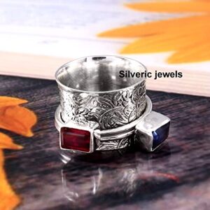 Blue Sapphire Red Ruby Spinner ring Gemstone Spinning Mantra Anxiety Texture ring 925 Silver jewelry (11)