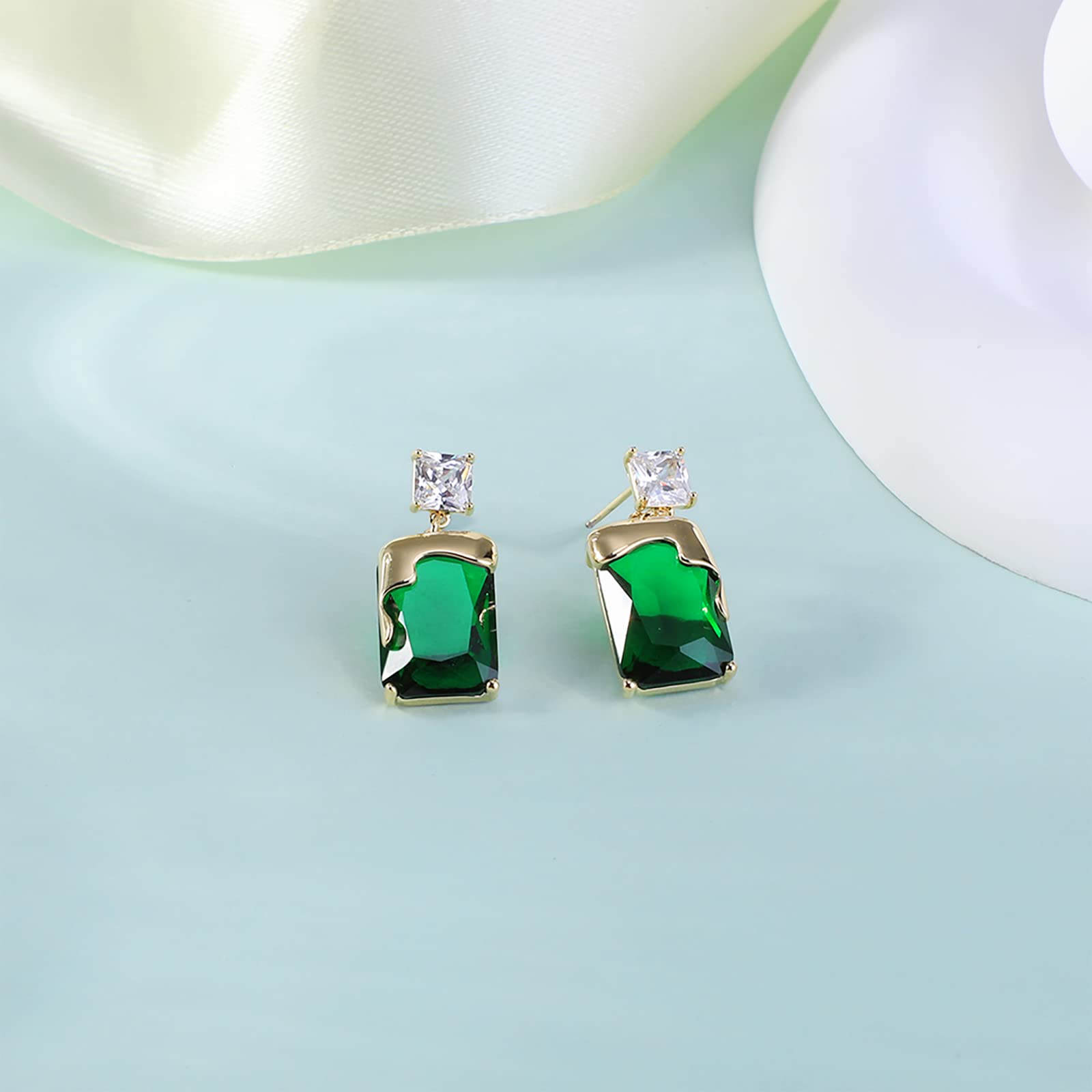 PHNIBIRD Emerald Earrings with Gold Melting Shape Elegant Solitaire Cubic Zirconia Earrings Green Earrings for Women Dangle