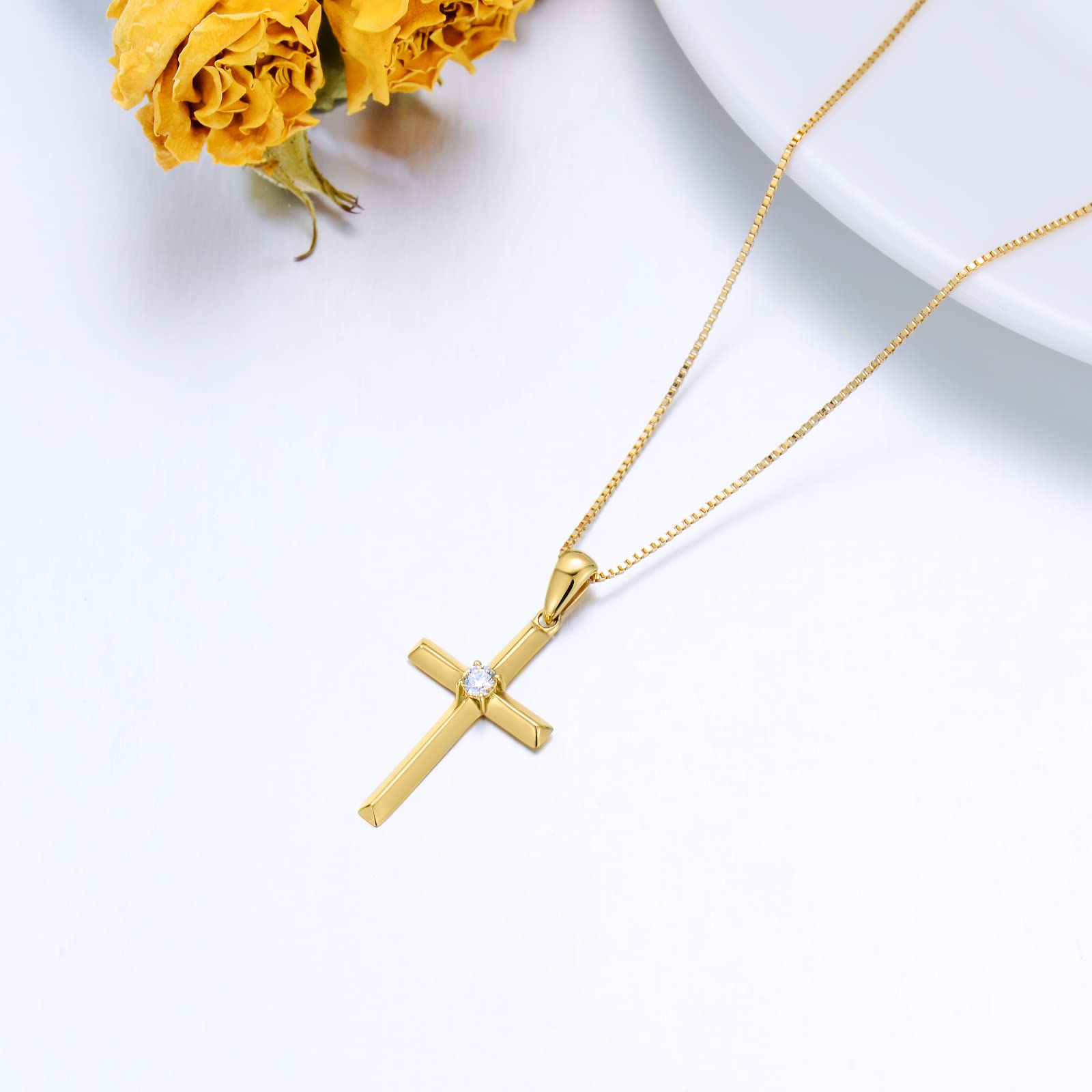 SISGEM 14k Gold Diamond Cross Pendant Necklace for Women, Religious Jewelry Confirmation Gifts for Her, (0.05 ct natural diamond, with 14k Gold Box Chain 18 inches)