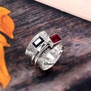 Blue Sapphire Red Ruby Spinner ring Gemstone Spinning Mantra Anxiety Texture ring 925 Silver jewelry (11)