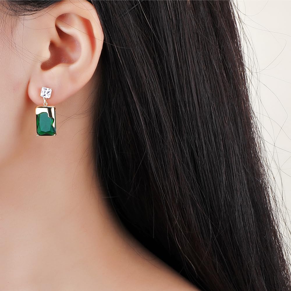 PHNIBIRD Emerald Earrings with Gold Melting Shape Elegant Solitaire Cubic Zirconia Earrings Green Earrings for Women Dangle