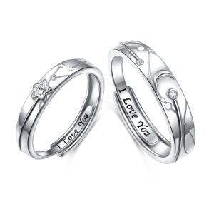 Matching Rings for Couples 925 Sterling Silver Adjustable Couple Rings Carved I LOVE YOU Promise Wedding Rings Set for Him and her Moon and star Jewelry Gift