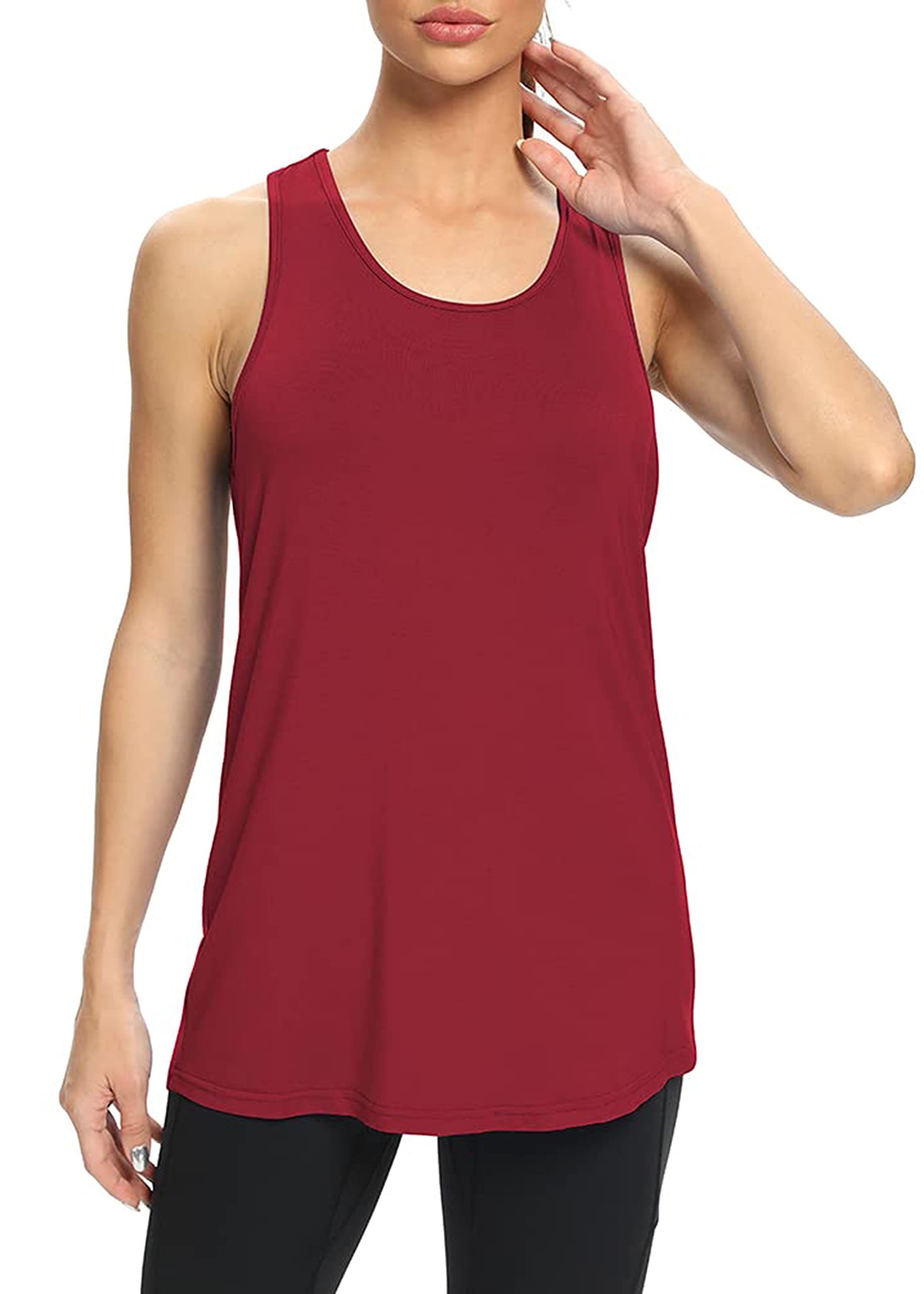 Bestisun Womens Tunic Workout Yoga Tops Tennis Running Shirts Long Athletic Tank Tops Racerback Tanks Yoga Clothes Workout Clothing Wine Red XXL