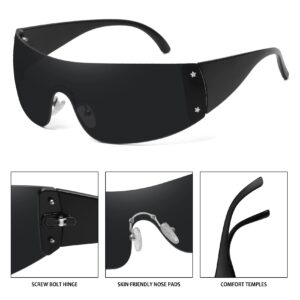 Fozono Trendy Rimless Star Y2K Sunglasses for Women Men Shield Oversized Wrap Around Frameless Sunglasses UV400 Protective Black-Gray