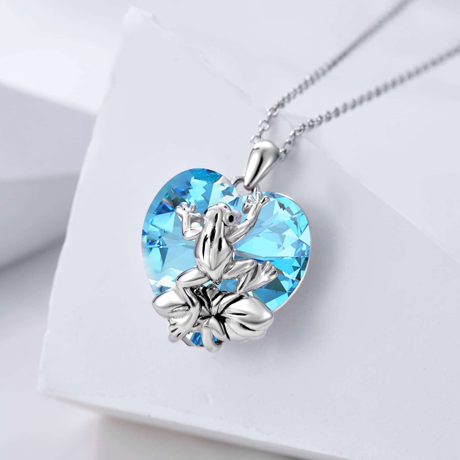 Plesitep Frog Necklace Sterling Silver Frog Pendant Necklace Jewelry present for Women Embellished with Heart Crystal from Austria March Birthstone