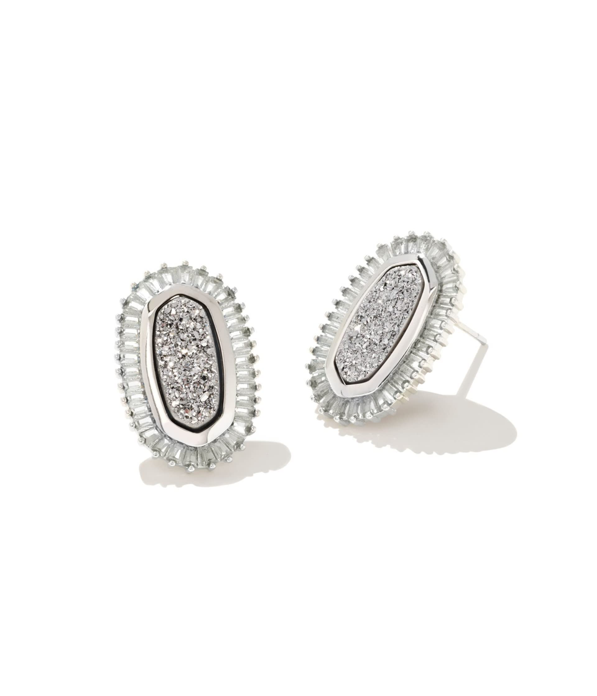 Kendra Scott Baguette Ellie Stud Earrings Rhodium Platinum Drusy One Size