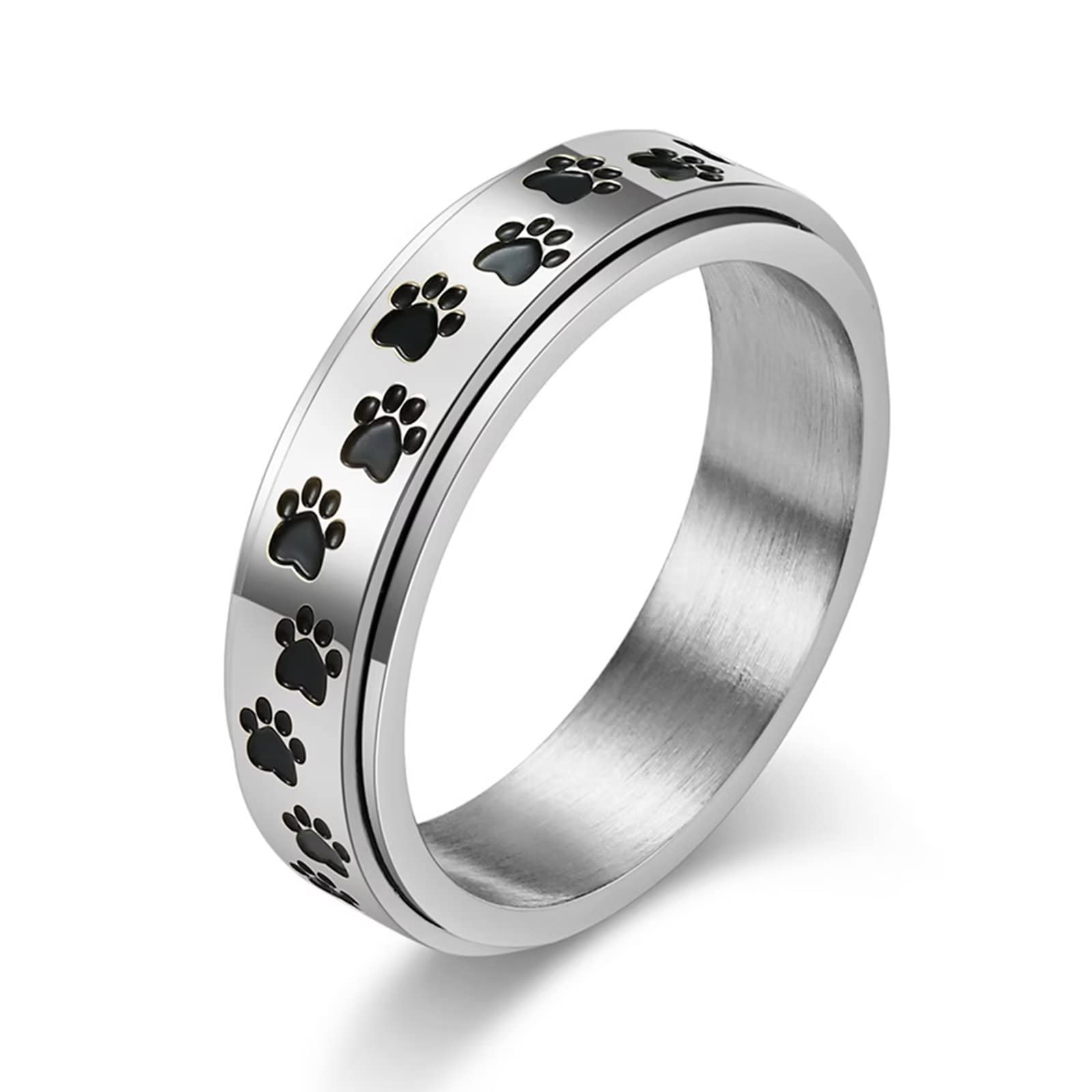 6mm Dog Paw Prints Spinner Ring,Stainless Steel Fidget Anxiety Worry Relieving Boredom Autism Band Fashion Animal Spins Rings for Men Women Girls