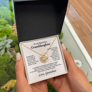 To My Granddaughter 18K Yellow Gold Finish Love Knot Necklace from Grandma, Birthday Wedding Graduation Gift From Grandmother, Lovely Message Card with Two Toned Box