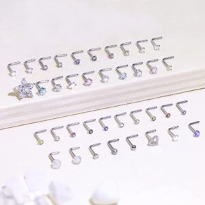 Prjndjw 20G Nose Rings Studs Surgical Steel Nose Studs Glow Dark Heart Opal CZ Flower Nose Piercing Jewelry Nose Rings for Women Straight Bend L Shaped Nose Rings 38Pcs 6.5mm Nose Piercing Kit