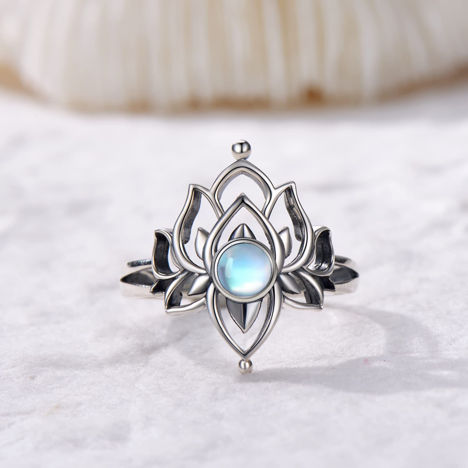 SCZKLAQ Moonstone Lotus Rings for Women 925 Sterling Silver Lotus Flower Ring Yoga Spiritual Lotus Jewelry for Women Yoga Gifts