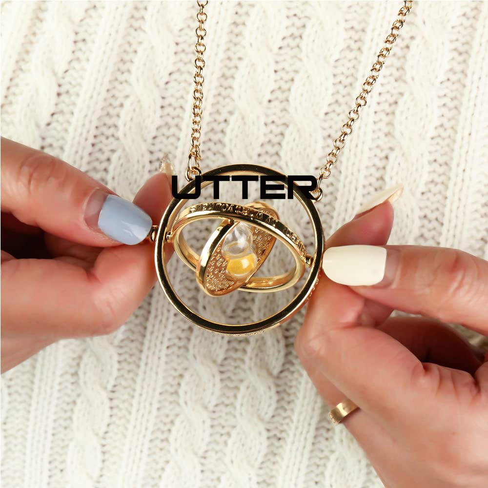 UTTER Hermione Rotating Time Turner Necklace Gold Wizardry Falcon Hourglass Pendant