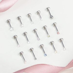 Prjndjw 18G Push Nose Rings Studs Surgical Steel Threadless Nose Studs Straight Bar Nose Rings for Women Men Nostril Piercing Diamond CZ 1.5mm 2mm 2.5mm 3mm Silver 15Pcs Push earrings stud