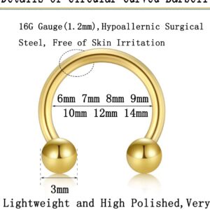 16G Horseshoe Septum Nose Nostril Ring Hoop, 7 Pairs Circular Curved Barbell Externally Threaded, 14K Gold Plated Surgical Steel Small Body Piercing Jewelry Set for Lip Daith Tragus Helix Cartilage Rook Multiple Piercing Smiley ( Ball, 6MM - 14MM)