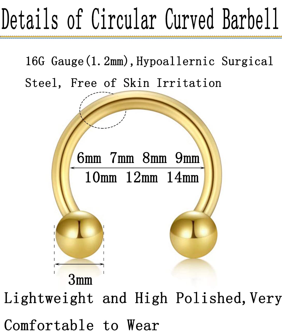 16G Horseshoe Septum Nose Nostril Ring Hoop, 7 Pairs Circular Curved Barbell Externally Threaded, 14K Gold Plated Surgical Steel Small Body Piercing Jewelry Set for Lip Daith Tragus Helix Cartilage Rook Multiple Piercing Smiley ( Ball, 6MM - 14MM)