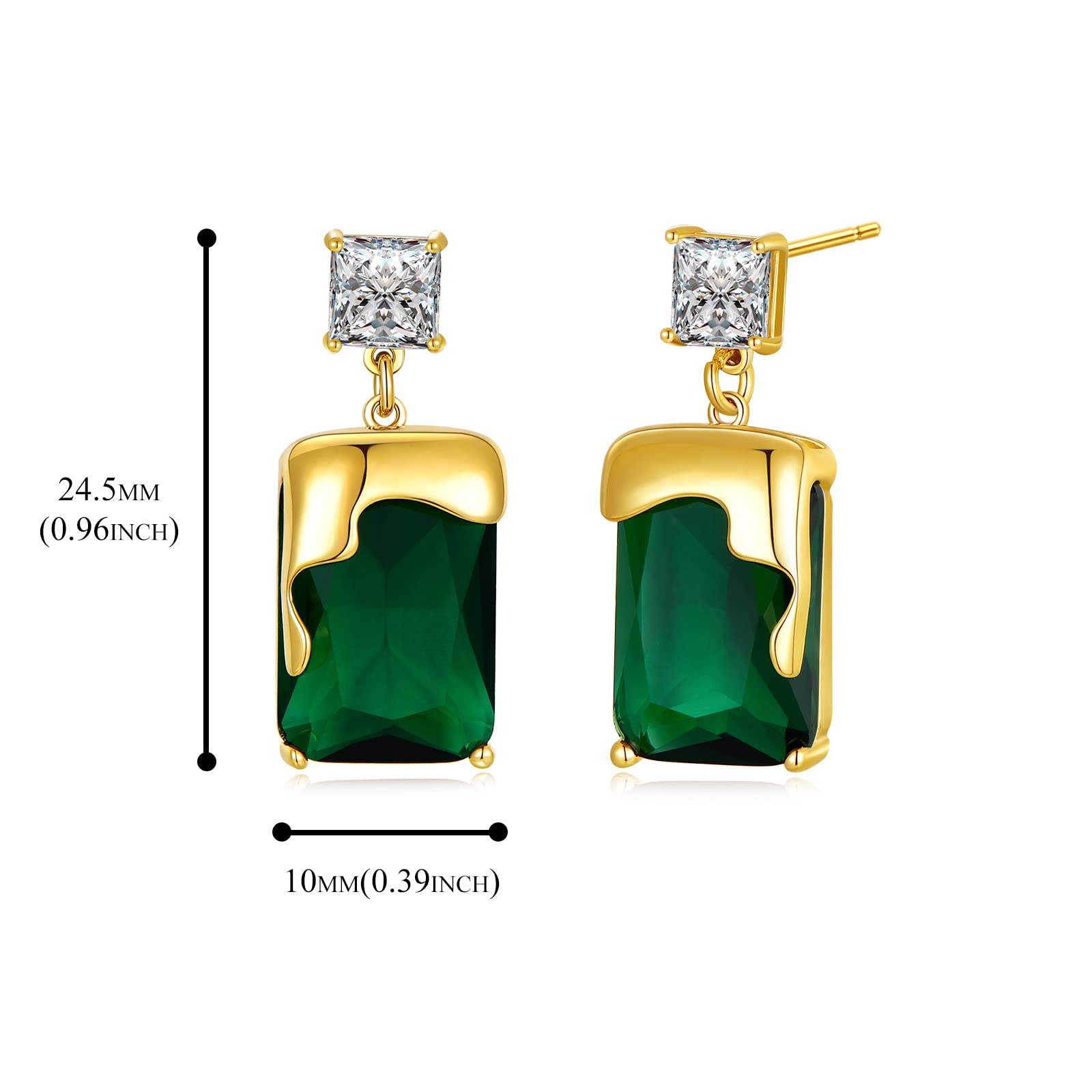 PHNIBIRD Emerald Earrings with Gold Melting Shape Elegant Solitaire Cubic Zirconia Earrings Green Earrings for Women Dangle