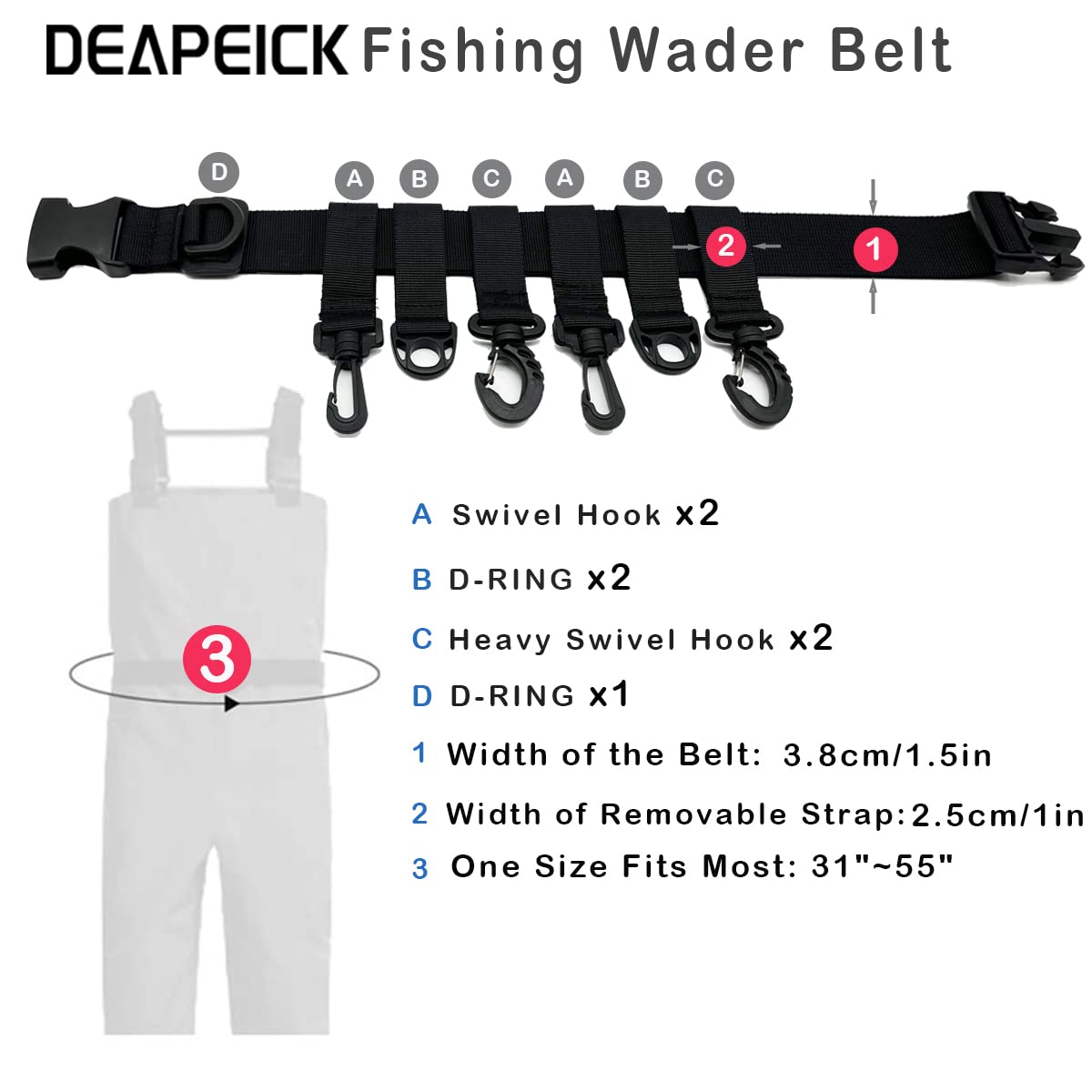 DEAPEICK Fishing Waist Belt Rod Holder Adjustable Waist Wading Belts with 6Pcs Removable Hooks and Portable Pole Inserter for Spinning Casting Fly Fishing Portable Fishing Gear Accessories Wader Strap