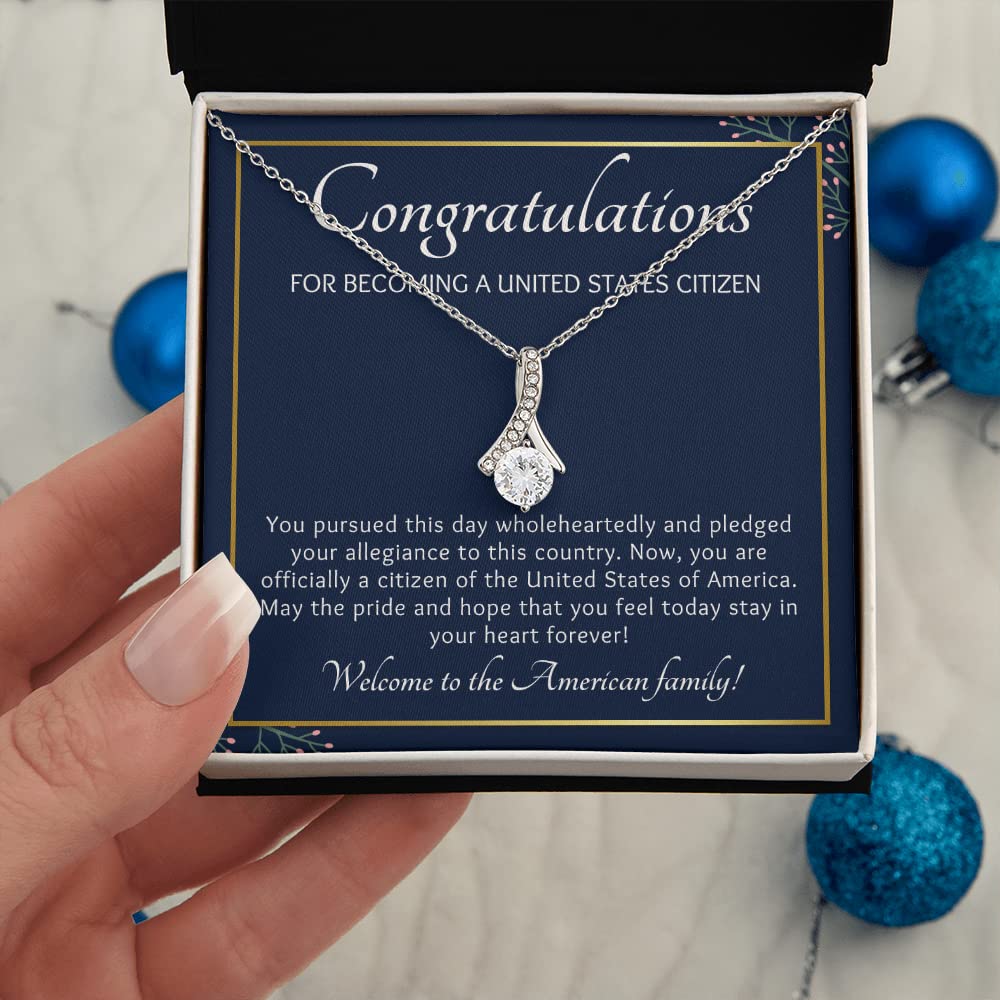 New US Citizen Gifts for Women, Ribbon Necklace Cubic Zirconia, Congratulations Citizenship New American Citizen, United States Citizen Gift, Immigrant (14K White Gold Finish)