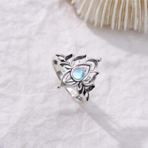 SCZKLAQ Moonstone Lotus Rings for Women 925 Sterling Silver Lotus Flower Ring Yoga Spiritual Lotus Jewelry for Women Yoga Gifts