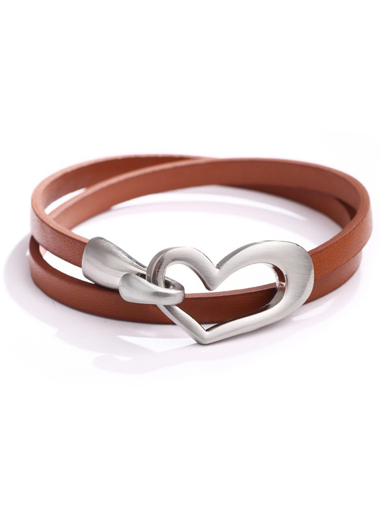 Heart Leather Bracelet for Women Stackable Wrap Cuff Bracelet Punk Leather Choker Necklace (brown)