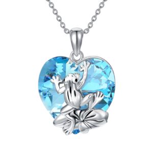 Plesitep Frog Necklace Sterling Silver Frog Pendant Necklace Jewelry present for Women Embellished with Heart Crystal from Austria March Birthstone