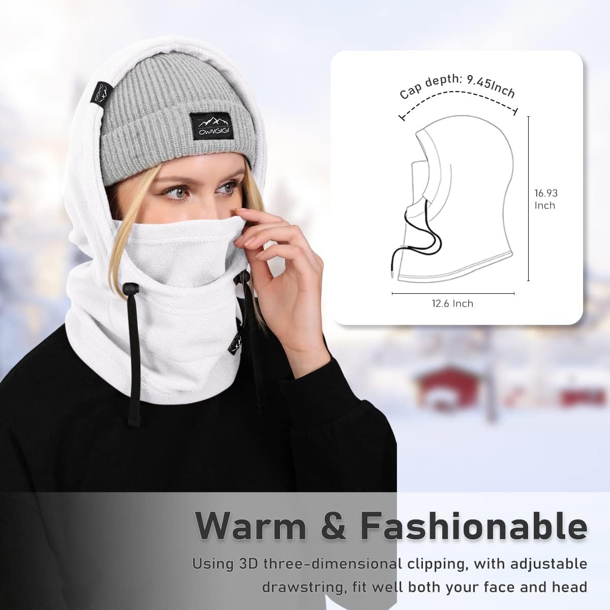 OWNGIGI Balaclava Ski Mask for Men and Women Winter Fleece Face Mask Windproof Cold Weather Head Cover Hooded Neck Warmer White