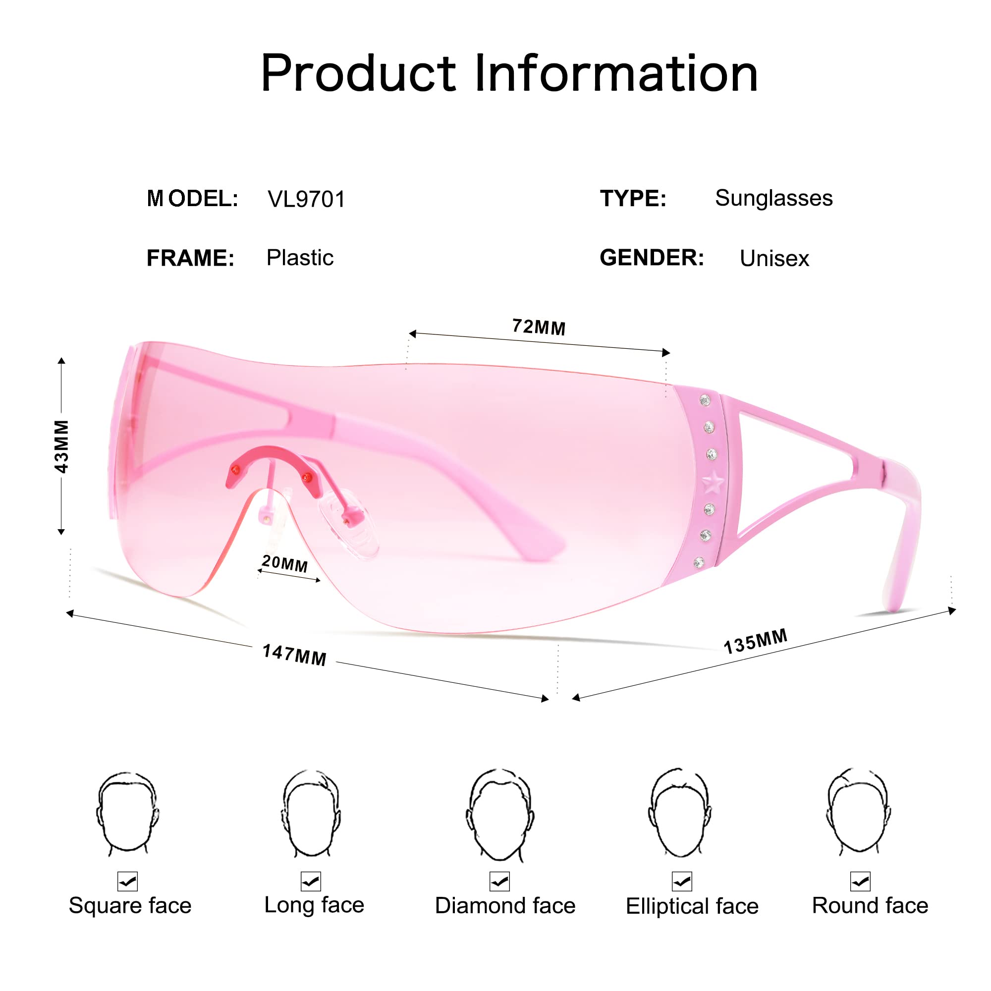 VANLINKER Wrap Around Y2K Sunglasses for Women Men Trendy Oversized Futuristic Sun Glasses Fashion Shield Flat Top Shades Pink VL9701