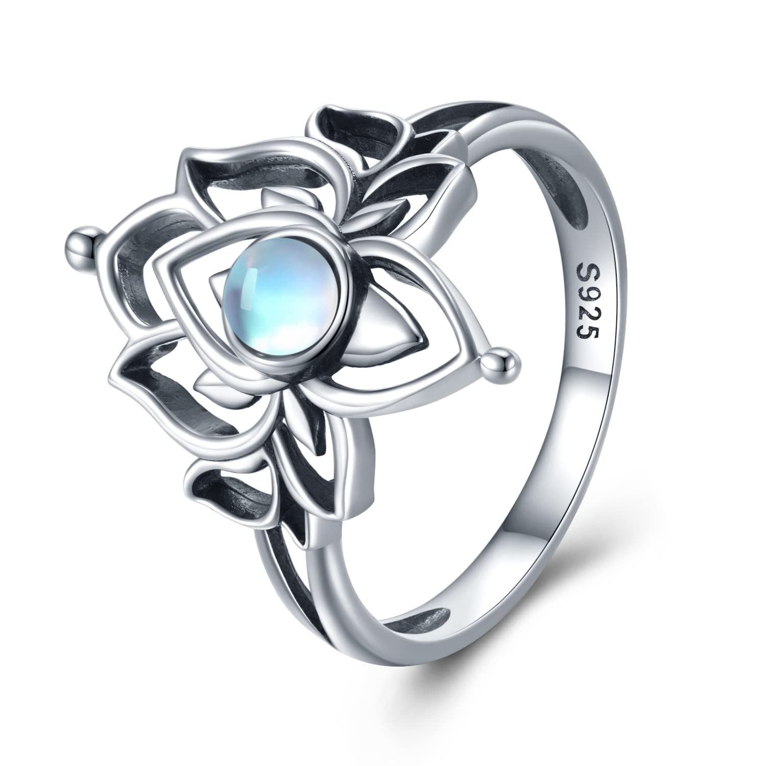 SCZKLAQ Moonstone Lotus Rings for Women 925 Sterling Silver Lotus Flower Ring Yoga Spiritual Lotus Jewelry for Women Yoga Gifts