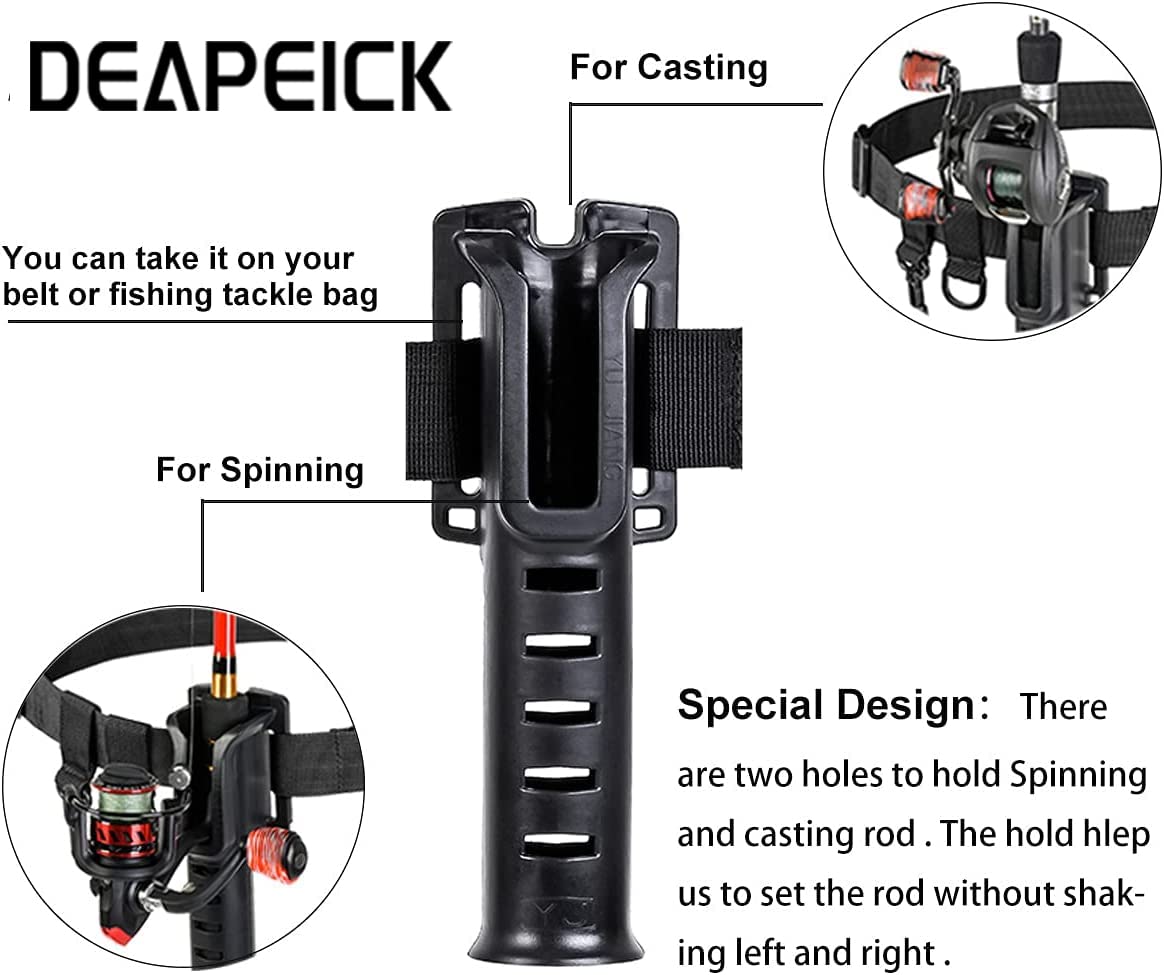 DEAPEICK Fishing Waist Belt Rod Holder Adjustable Waist Wading Belts with 6Pcs Removable Hooks and Portable Pole Inserter for Spinning Casting Fly Fishing Portable Fishing Gear Accessories Wader Strap