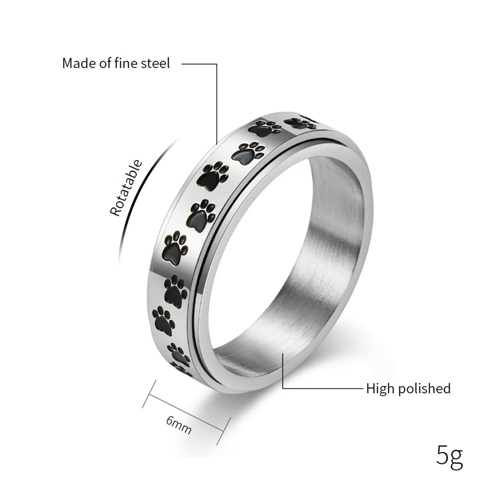 6mm Dog Paw Prints Spinner Ring,Stainless Steel Fidget Anxiety Worry Relieving Boredom Autism Band Fashion Animal Spins Rings for Men Women Girls