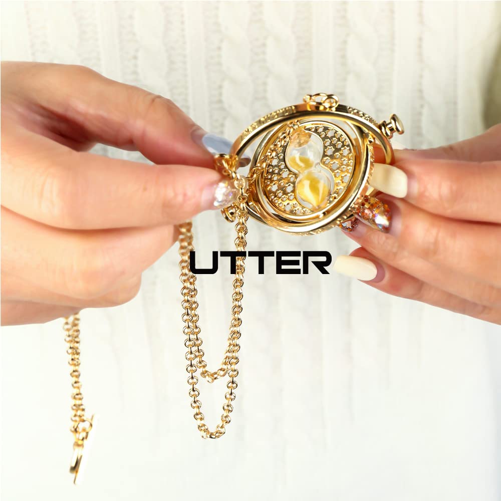 UTTER Hermione Rotating Time Turner Necklace Gold Wizardry Falcon Hourglass Pendant