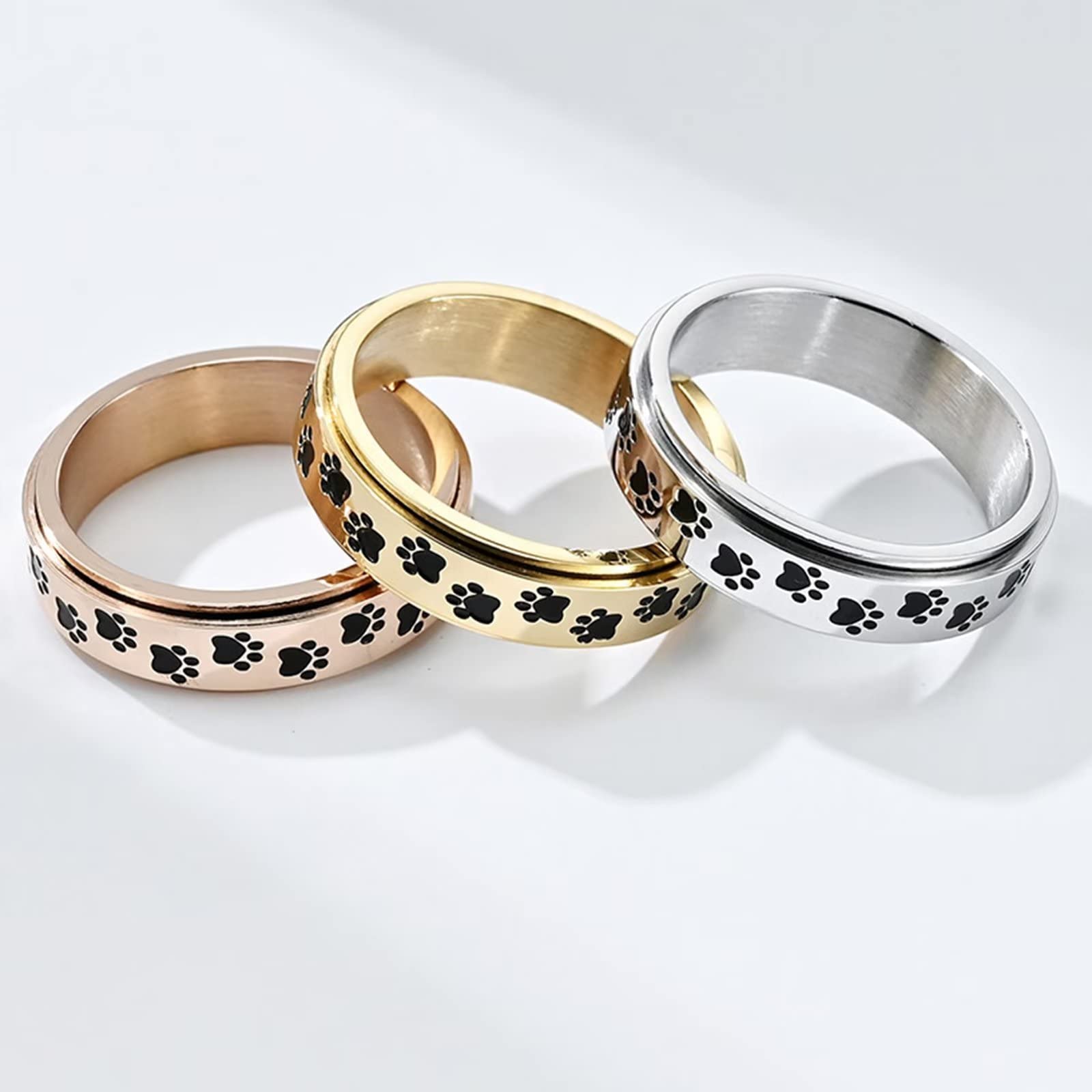 6mm Dog Paw Prints Spinner Ring,Stainless Steel Fidget Anxiety Worry Relieving Boredom Autism Band Fashion Animal Spins Rings for Men Women Girls