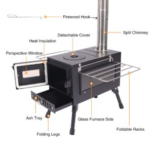 Lineslife Hot Tent Stove Wood Burning with Glass, Portable Camping Wood Stove with Windproof Chimney for Tent Shelter Outdoor Cooking Heating, Black