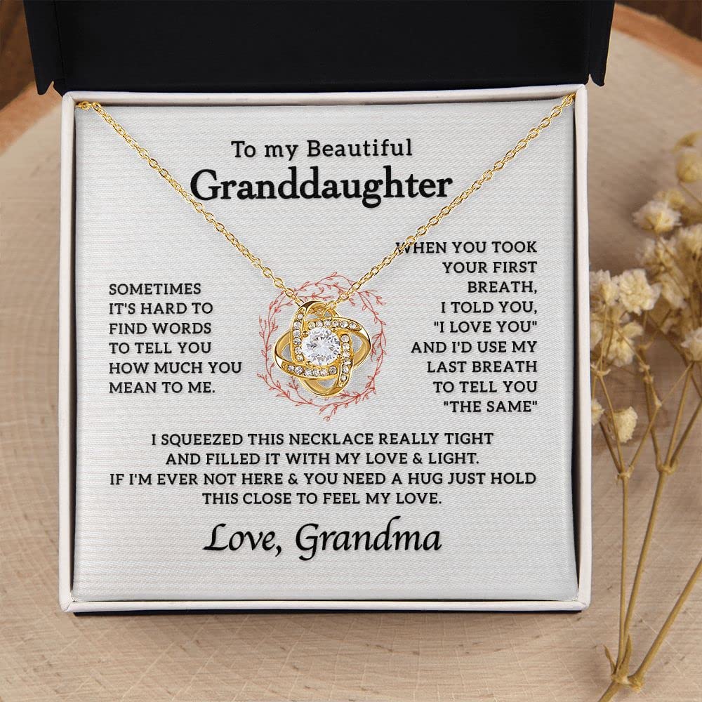 To My Granddaughter 18K Yellow Gold Finish Love Knot Necklace from Grandma, Birthday Wedding Graduation Gift From Grandmother, Lovely Message Card with Two Toned Box