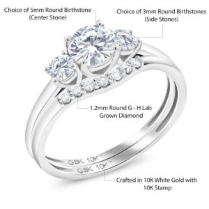 Gem Stone King 10K White Gold Multi-Color Multi and White Lab Grown Diamond 3-Stone Bridal Engagement Wedding Ring Set For Women (0.74 Cttw, Gemstone, Round 5MM, Size 6)