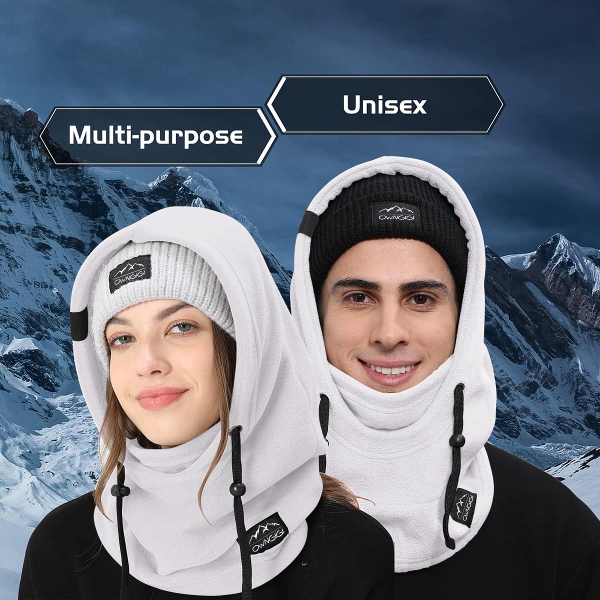 OWNGIGI Balaclava Ski Mask for Men and Women Winter Fleece Face Mask Windproof Cold Weather Head Cover Hooded Neck Warmer White