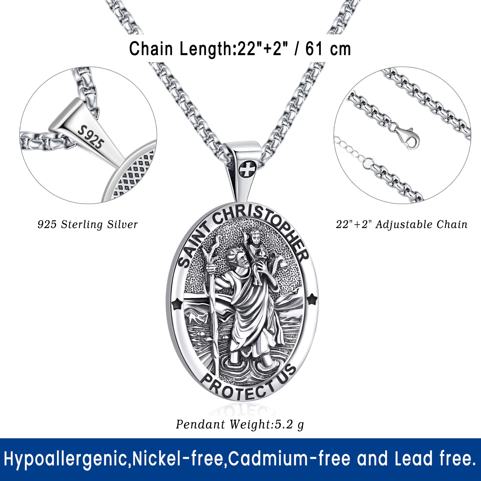 Eusense St Christopher Necklace for men saint christopher medal women female male st. christopher pendant Medallion Sterling Silver 925 oval