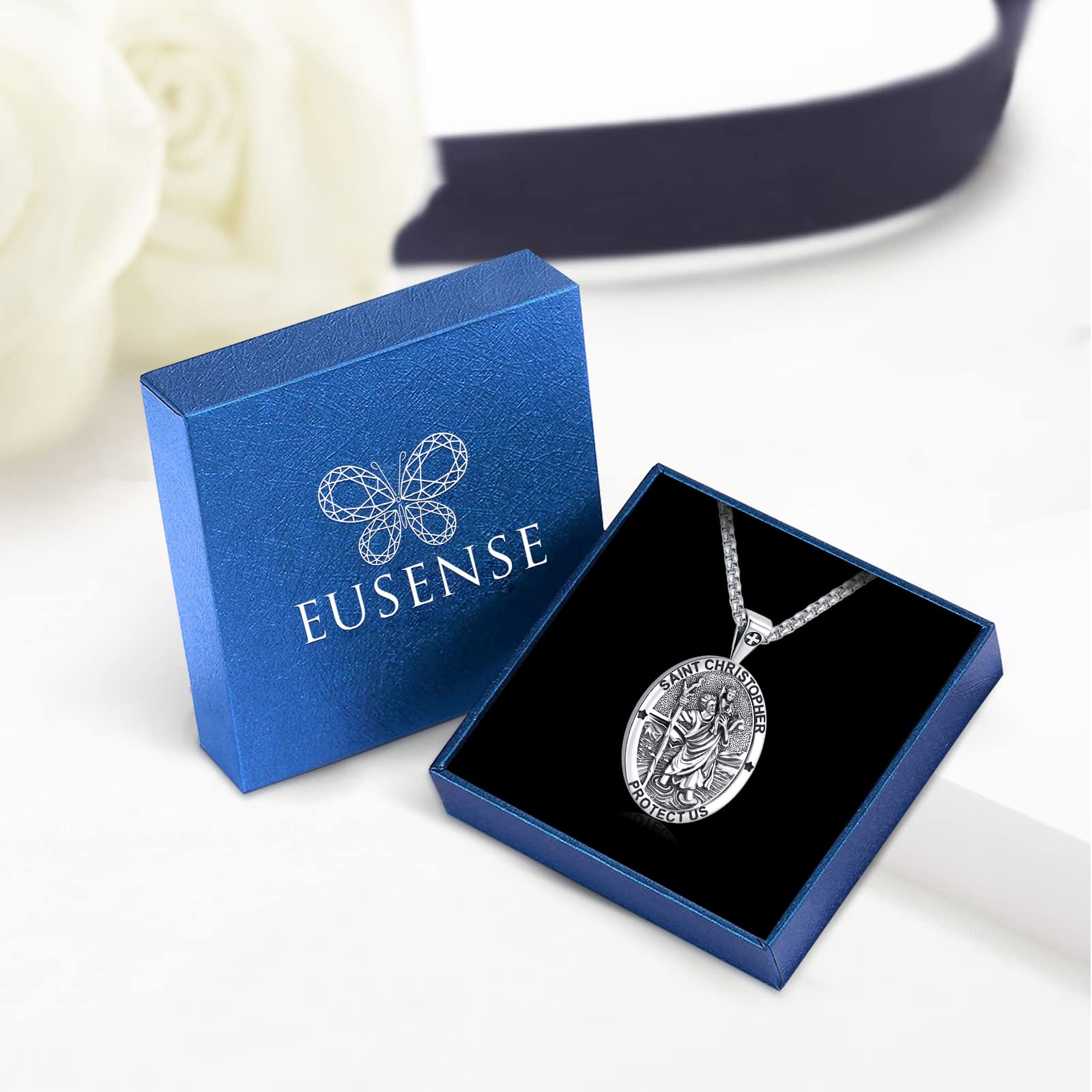 Eusense St Christopher Necklace for men saint christopher medal women female male st. christopher pendant Medallion Sterling Silver 925 oval